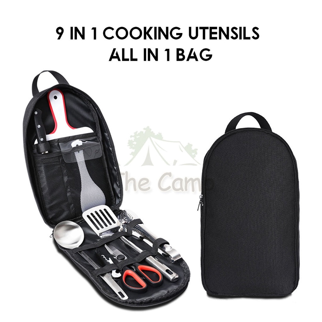 9 in 1 Cooking Utensil Kit Camping Picnic Cookware Hiking Knife Spoon Fork Stove Cooking Spatula Utensils