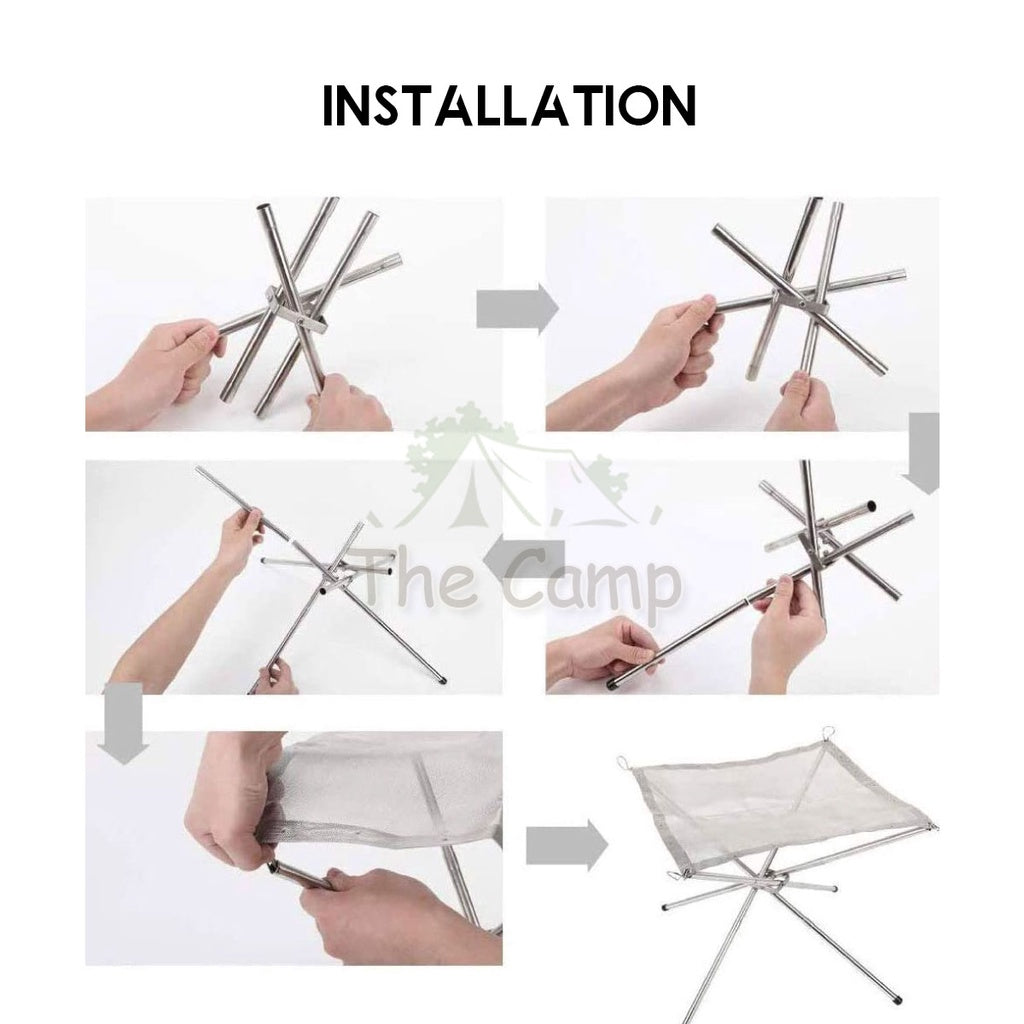 Outdoor Camping 304 Stainless Steel Mesh Fire Pit Portable Foldable Rack BBQ Tripod Triangle Bonfire Campfire Fireplace