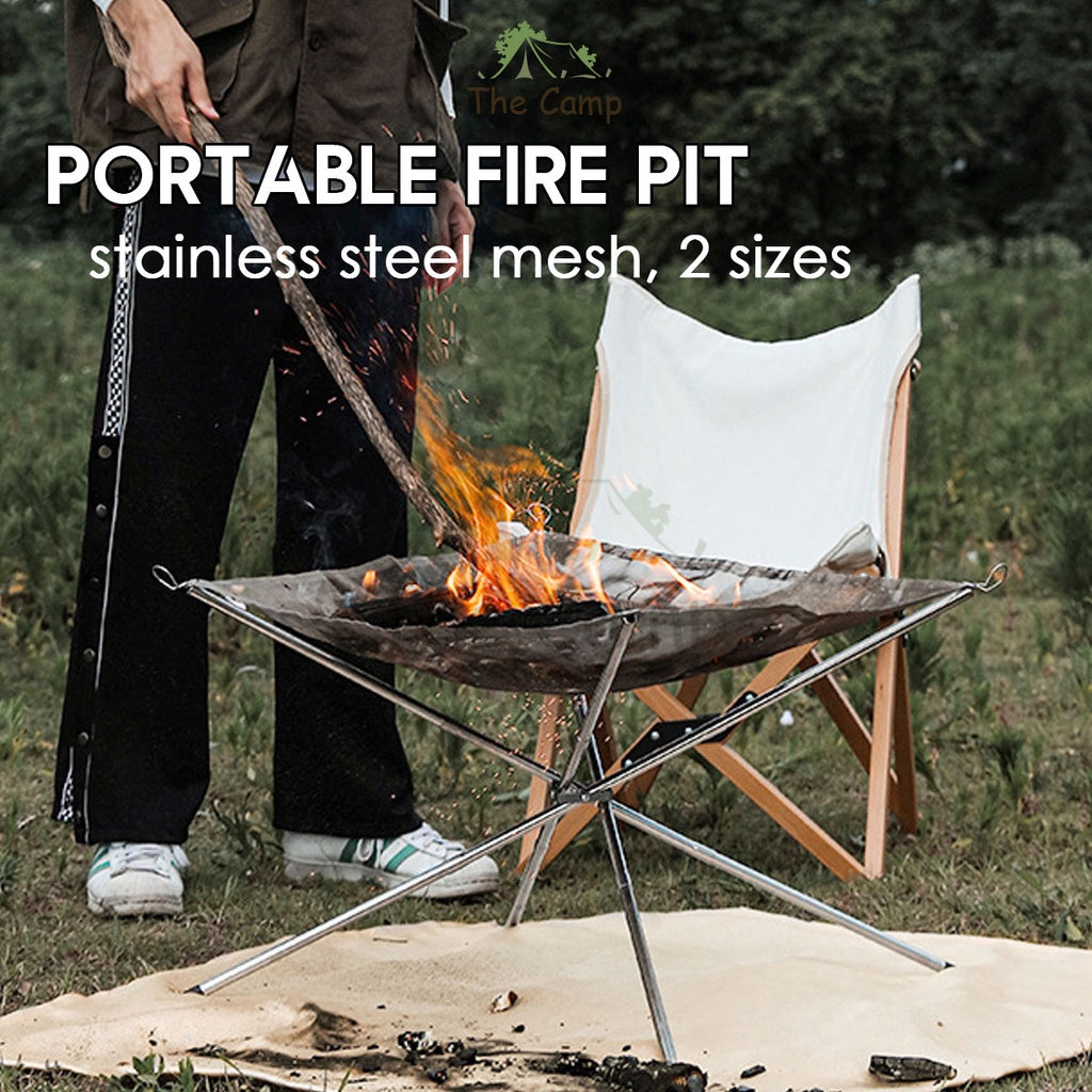 Outdoor Camping 304 Stainless Steel Mesh Fire Pit Portable Foldable Rack BBQ Tripod Triangle Bonfire Campfire Fireplace
