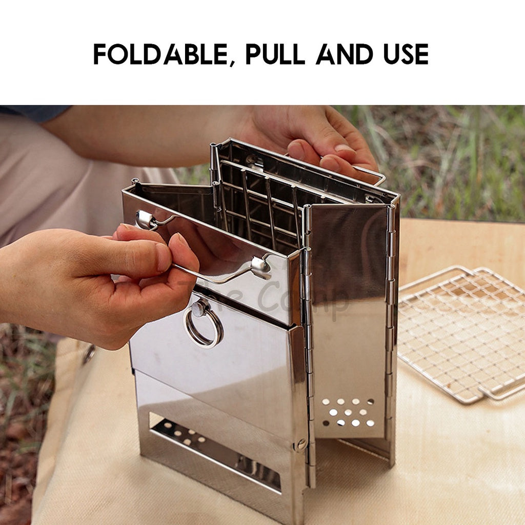 Outdoor BBQ Firewood Stove Grill Stainless Steel Barbecue Rack Portable Foldable Camping Mini Fire Pit Frying Pan Tent