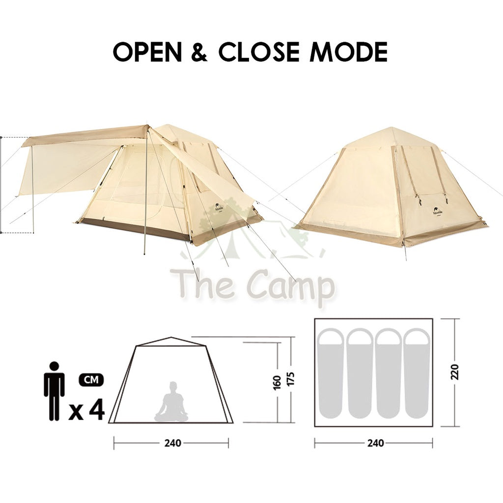 Naturehike Ango 4 Automatic Camping Tent UPF50 Version Large Capacity Outdoor Chair Flysheet Table Tarp Peg Nail Pole