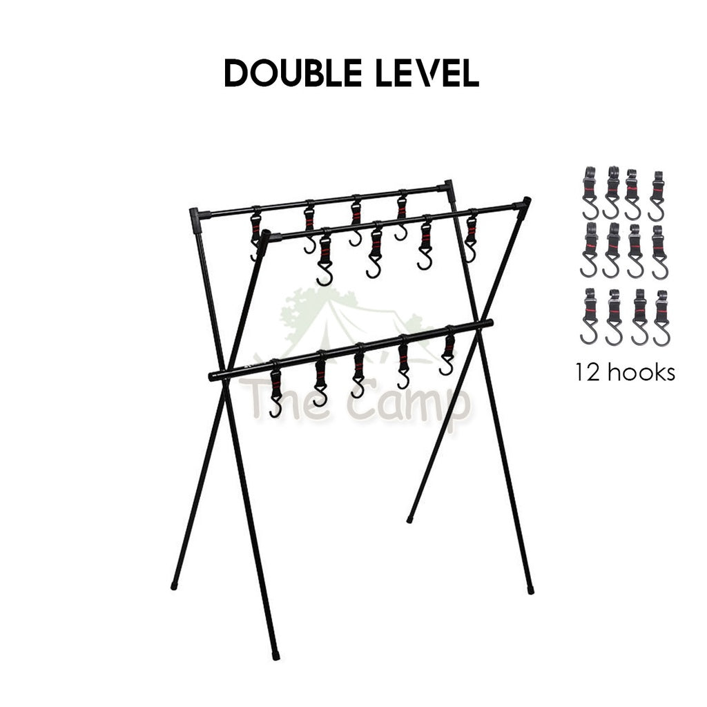 Outdoor Triangle Hanging Rack Aluminum Mesh Camping Hanger Cookware Tripod Shelf Stand Tableware Organizer Double Level
