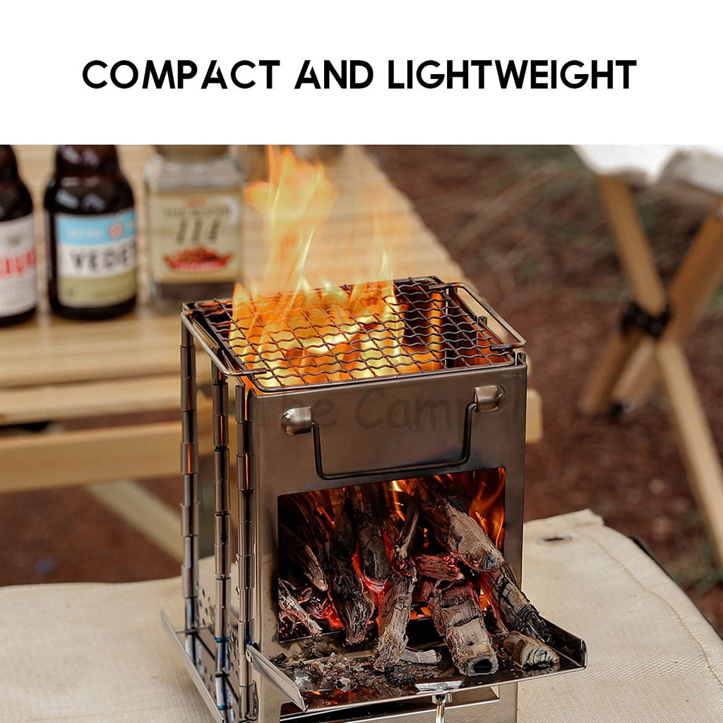 Outdoor BBQ Firewood Stove Grill Stainless Steel Barbecue Rack Portable Foldable Camping Mini Fire Pit Frying Pan Tent