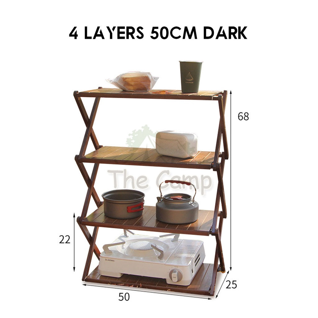 Outdoor Camping Multilayer Foldable Wood Shelf Portable Storage Rack Folding Multi 3 4 5 Layers Layer Bag with Hook