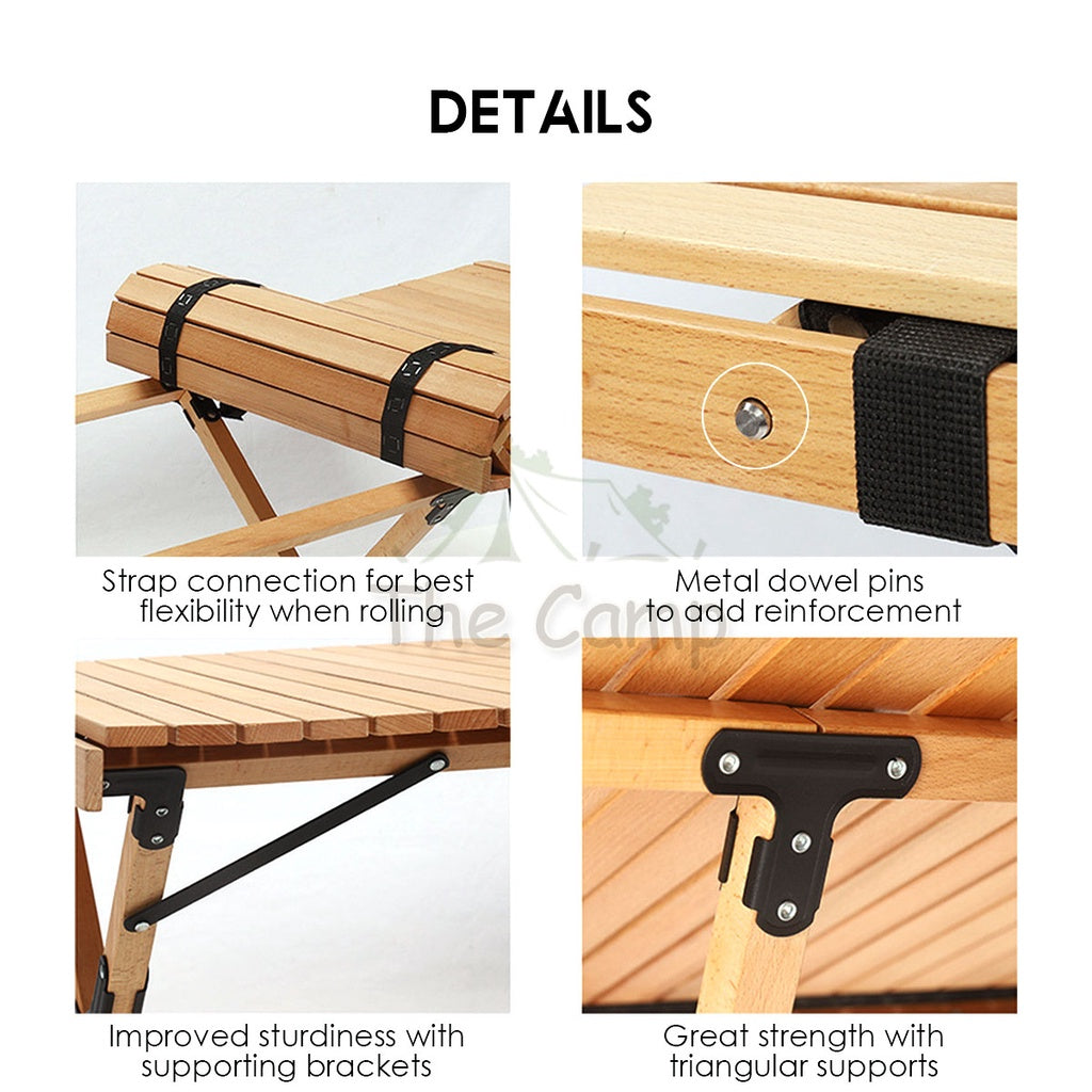 Foldable Solid Wooden Table Beech Teak Wood 2022 Upgraded Steel Pins Egg Roll Folding Portable Camping Camp 90 120 cm