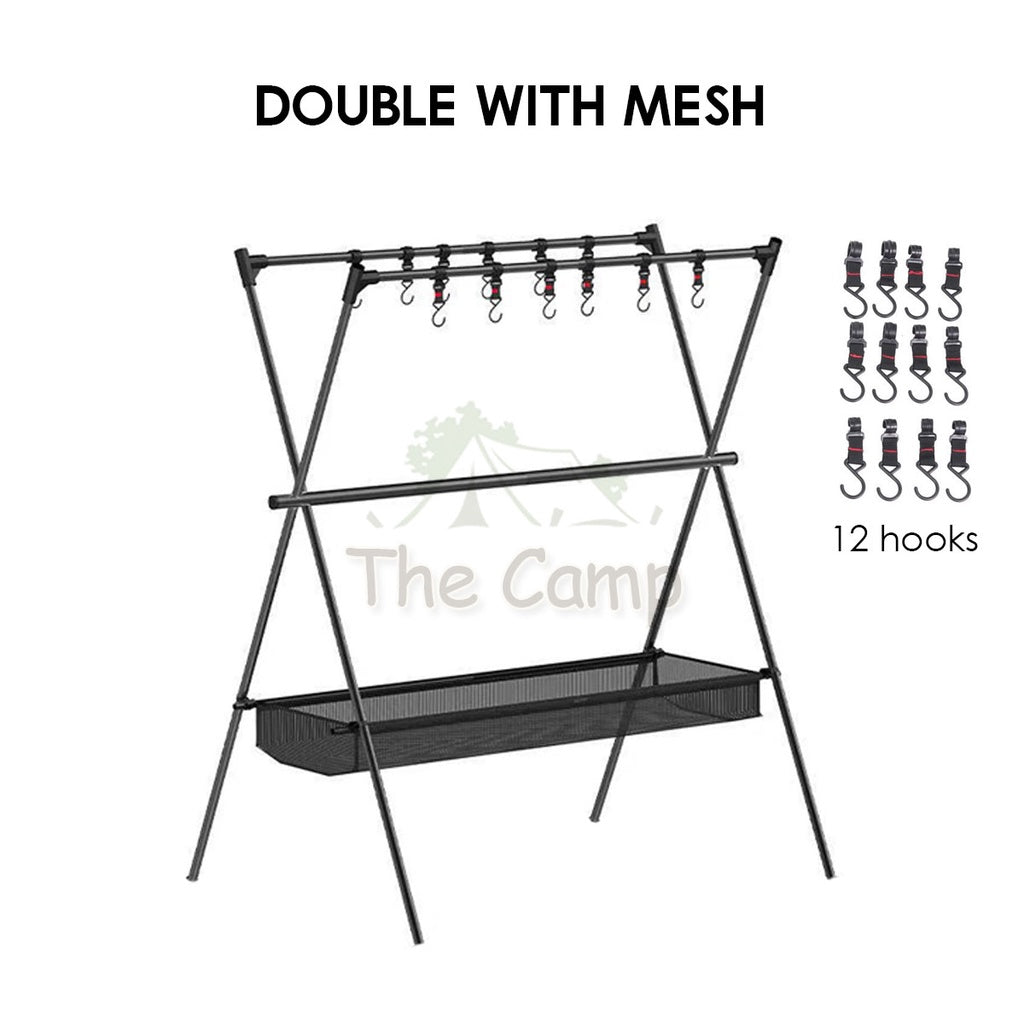 Outdoor Triangle Hanging Rack Aluminum Mesh Camping Hanger Cookware Tripod Shelf Stand Tableware Organizer Double Level