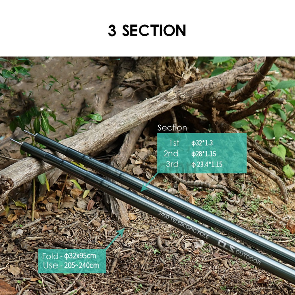Telescopic Adjustable Flysheet Pole 2.4meter Camping Aluminium Alloy Lightweight Tent Stand Bag Nail Peg CLS