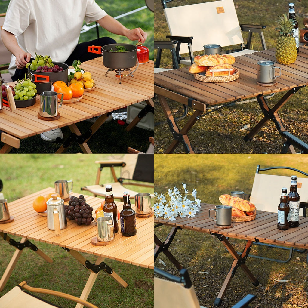 Foldable Solid Wooden Table Beech Teak Wood 2022 Upgraded Steel Pins Egg Roll Folding Portable Camping Camp 90 120 cm