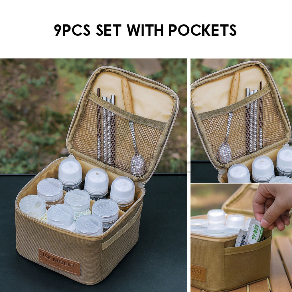 Outdoor Camping Seasoning Bag Set 7pcs 9pcs Ingredient Condiment Box Bottle Container Spice Oil Jar Sugar Salt Pepper