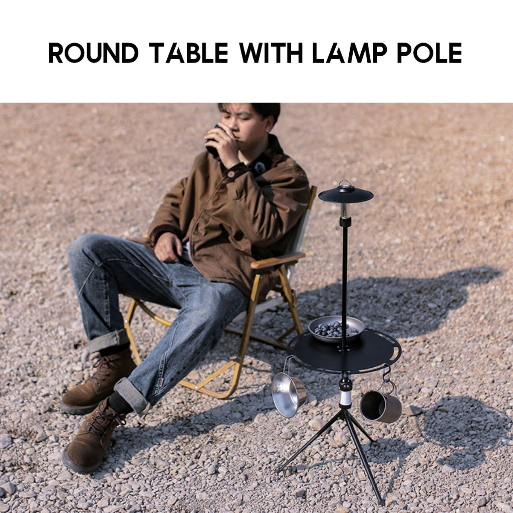 Aluminium Round Table with Lamp Pole Camping Outdoor Adjustable Height Table Foldable Folding Portable