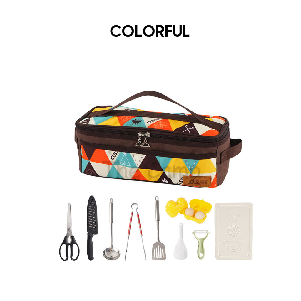 CLS 11PCS Kitchenware Cooking Set for Outdoor Camping Condiment Kitchen Tool Cookware Egg Case Knife Chopping Board