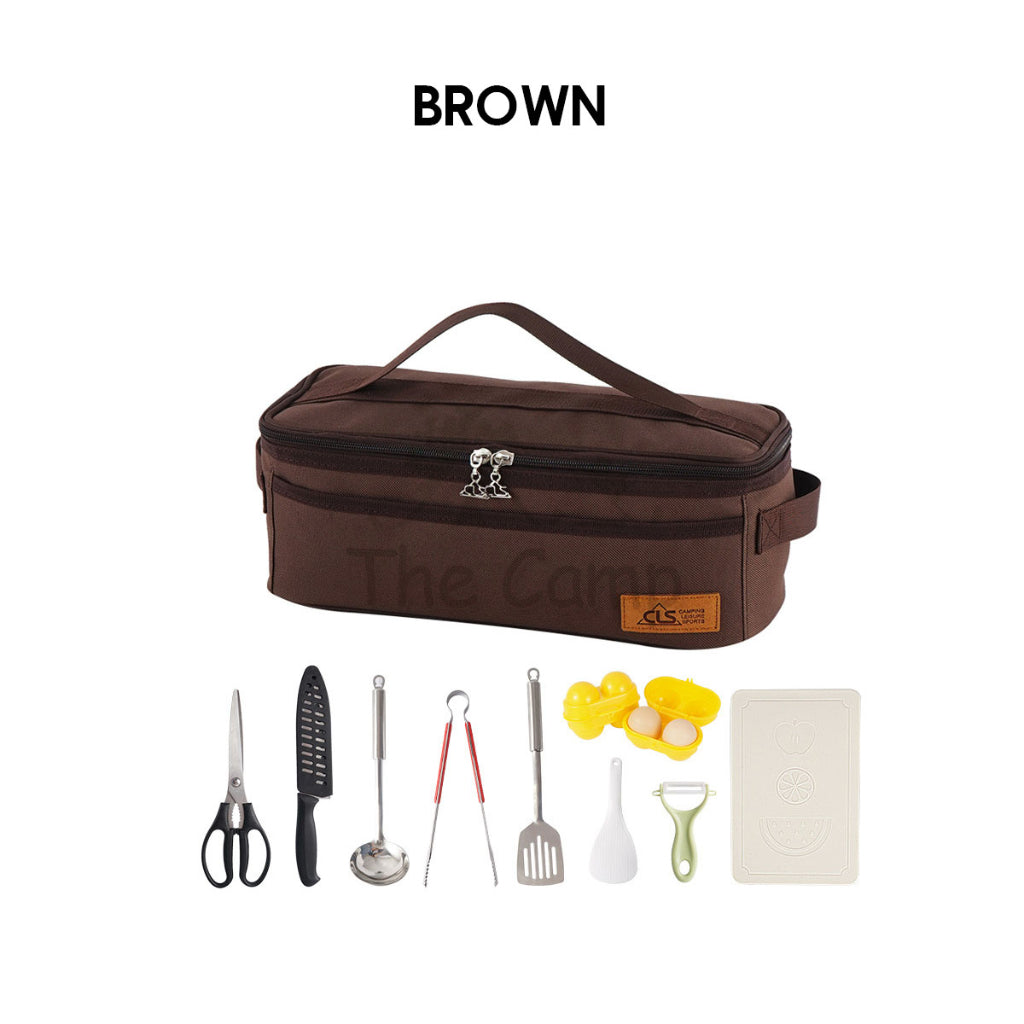 CLS 11PCS Kitchenware Cooking Set for Outdoor Camping Condiment Kitchen Tool Cookware Egg Case Knife Chopping Board