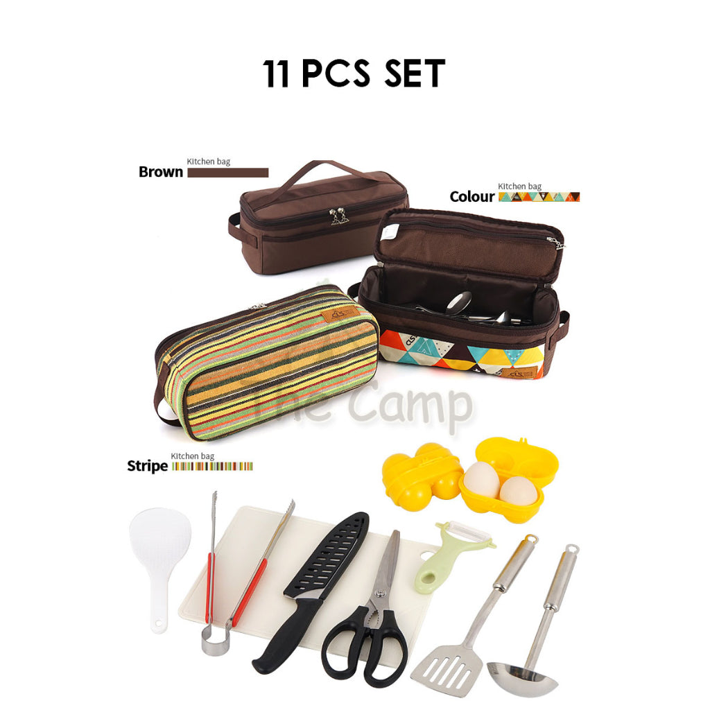 CLS 11PCS Kitchenware Cooking Set for Outdoor Camping Condiment Kitchen Tool Cookware Egg Case Knife Chopping Board
