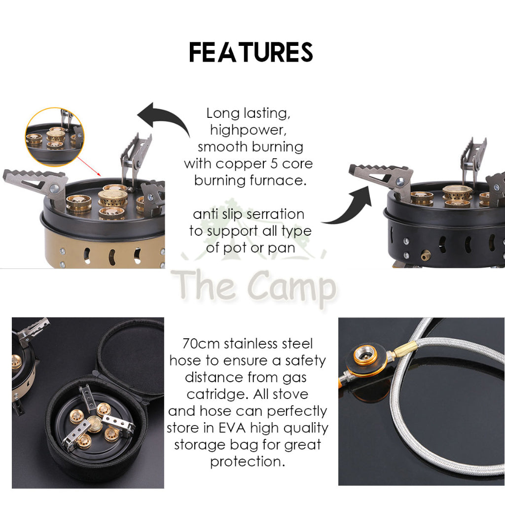 5 Head Burner Gas Stove Stainless Steel 11000W 11KW Portable Outdoor Camping Folding Burner Cooking Pan BBQ Grill