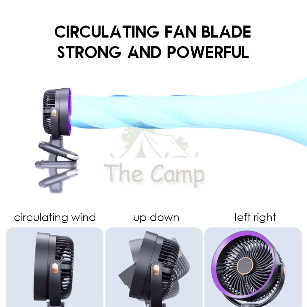 S6 Auto Oscillating Fan Clip Type 5 Speed Control with Digital Battery Timer Display Night Light Outdoor Camping