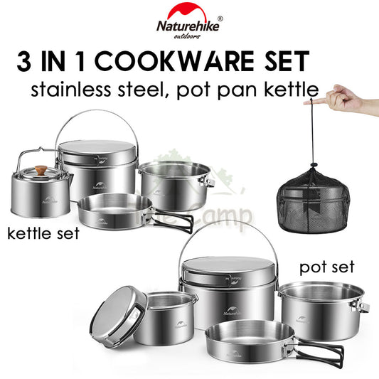 Naturehike 3 in 1 Cookware Set Cooking Set Pot Set Kettle Pan Pot Camping Outdoor Picnic Stainless Steel NH22CJ005