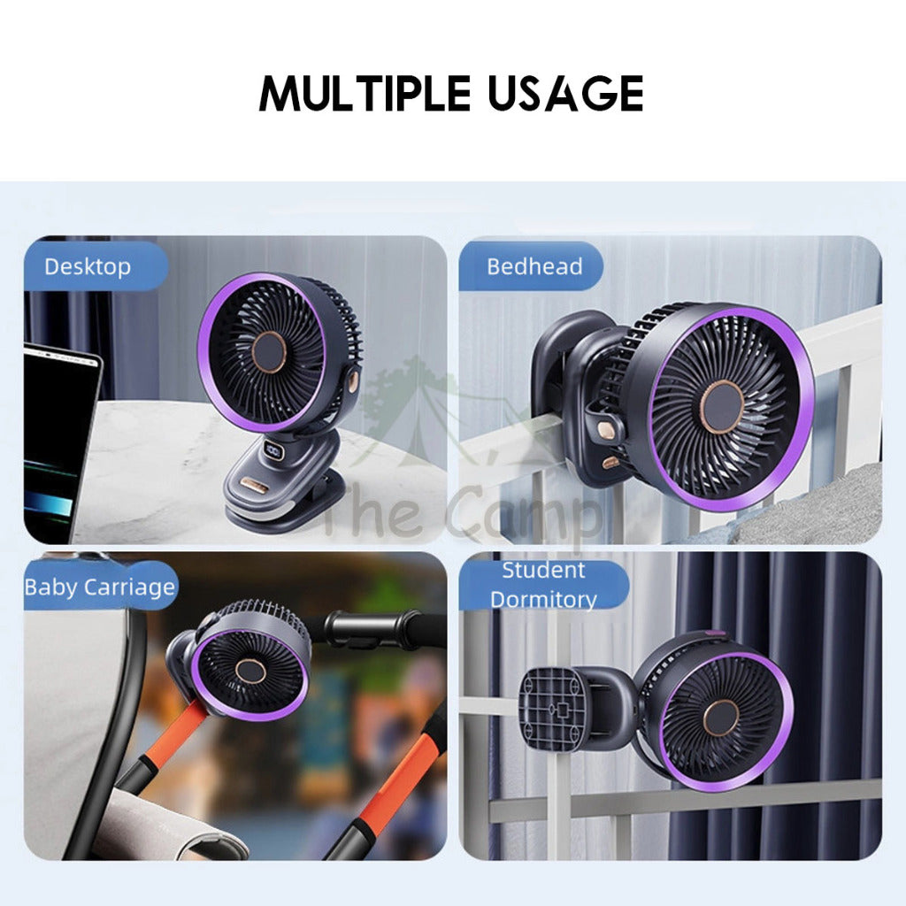 S6 Auto Oscillating Fan Clip Type 5 Speed Control with Digital Battery Timer Display Night Light Outdoor Camping