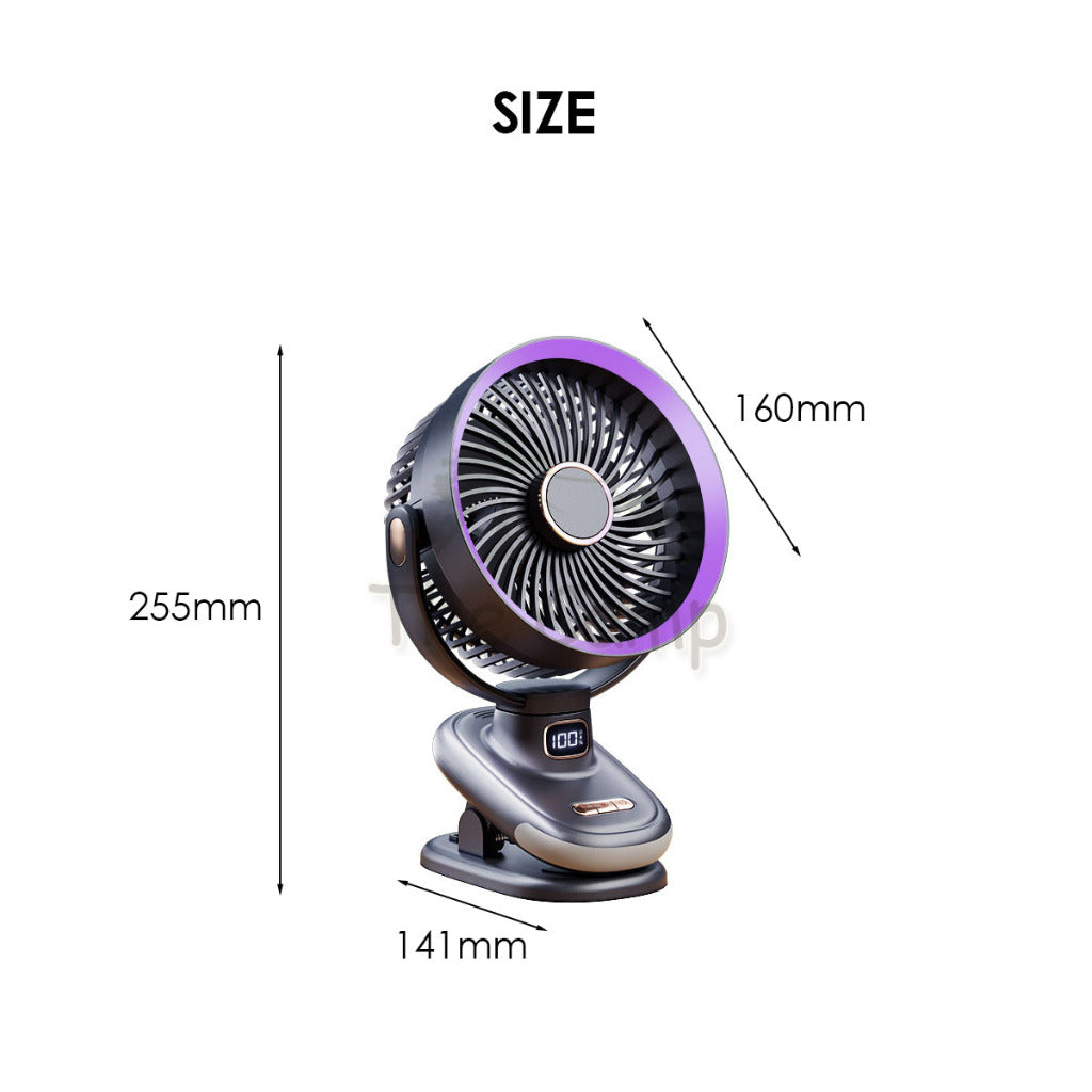 S6 Auto Oscillating Fan Clip Type 5 Speed Control with Digital Battery Timer Display Night Light Outdoor Camping