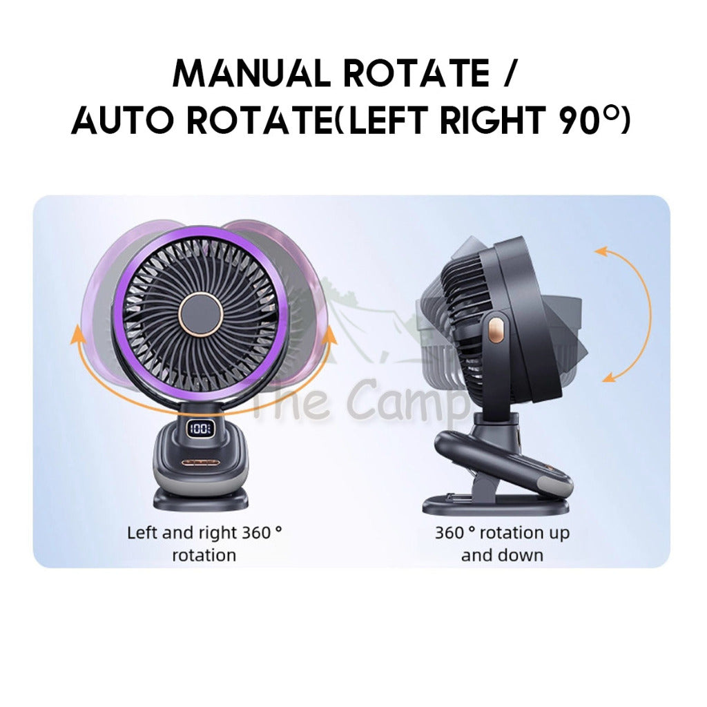 S6 Auto Oscillating Fan Clip Type 5 Speed Control with Digital Battery Timer Display Night Light Outdoor Camping