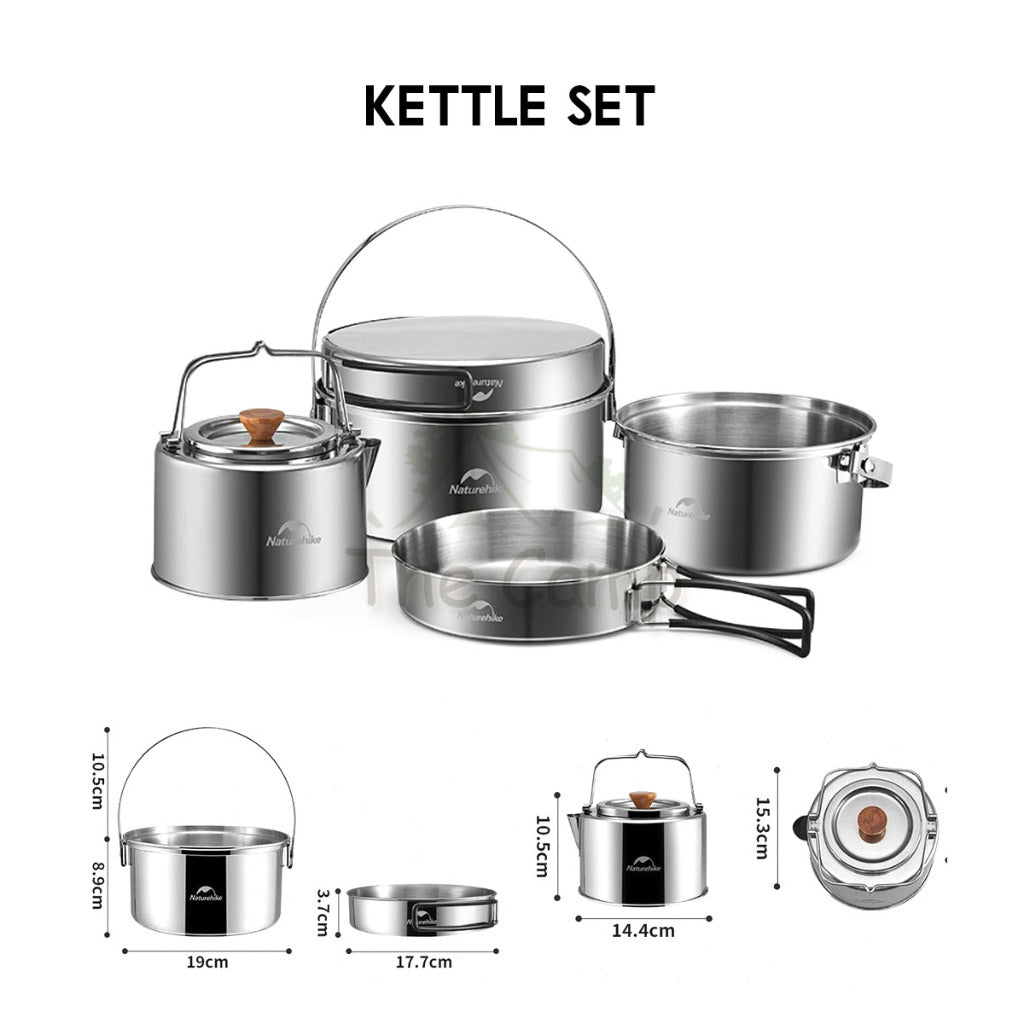 Naturehike 3 in 1 Cookware Set Cooking Set Pot Set Kettle Pan Pot Camping Outdoor Picnic Stainless Steel NH22CJ005