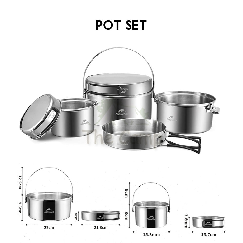 Naturehike 3 in 1 Cookware Set Cooking Set Pot Set Kettle Pan Pot Camping Outdoor Picnic Stainless Steel NH22CJ005