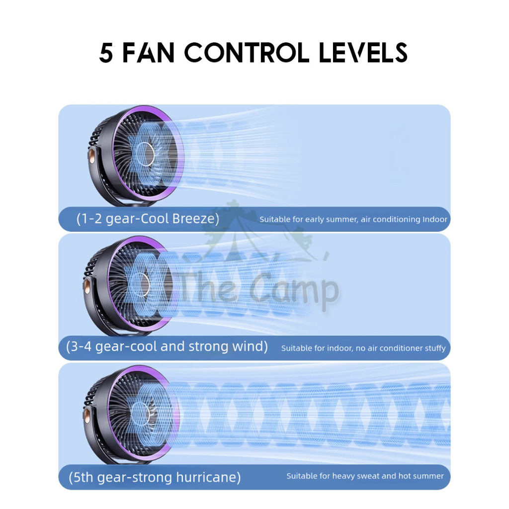 S6 Auto Oscillating Fan Clip Type 5 Speed Control with Digital Battery Timer Display Night Light Outdoor Camping