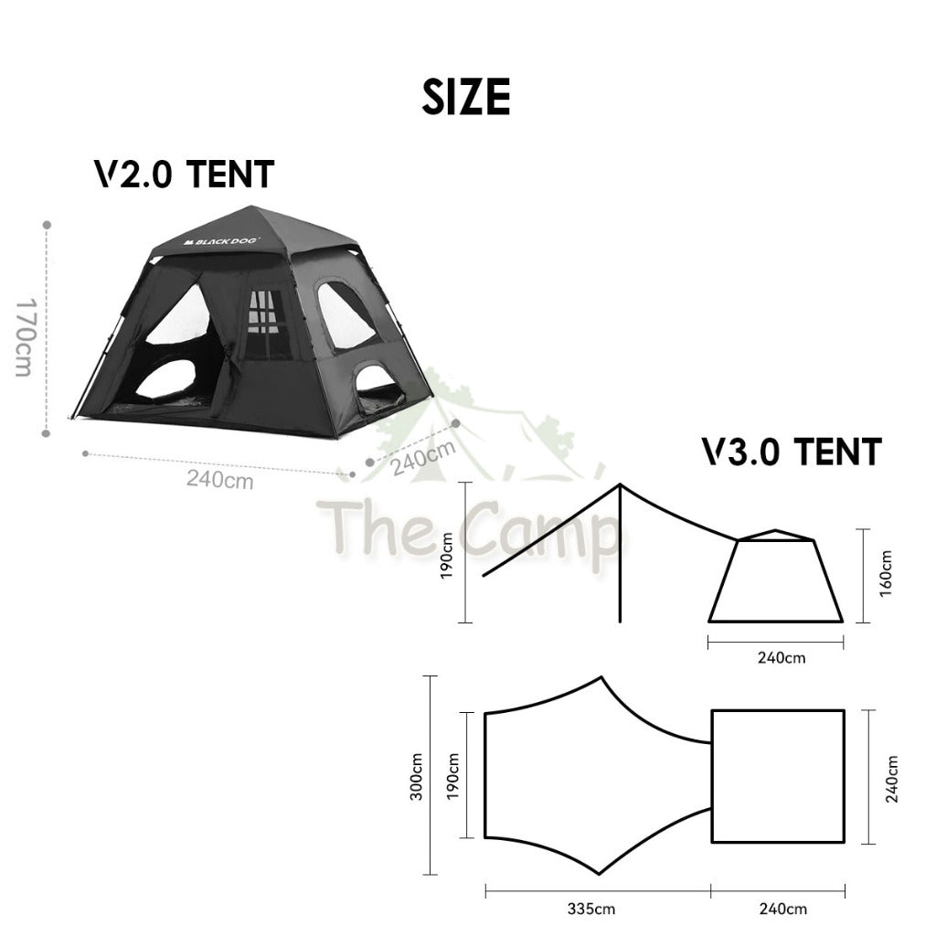 Blackdog Automatic Tent 2.0 3.0 v3 Black Coating Auto Pop Up Camping Outdoor Flysheet Pole Nail Rope CBD2450WS030