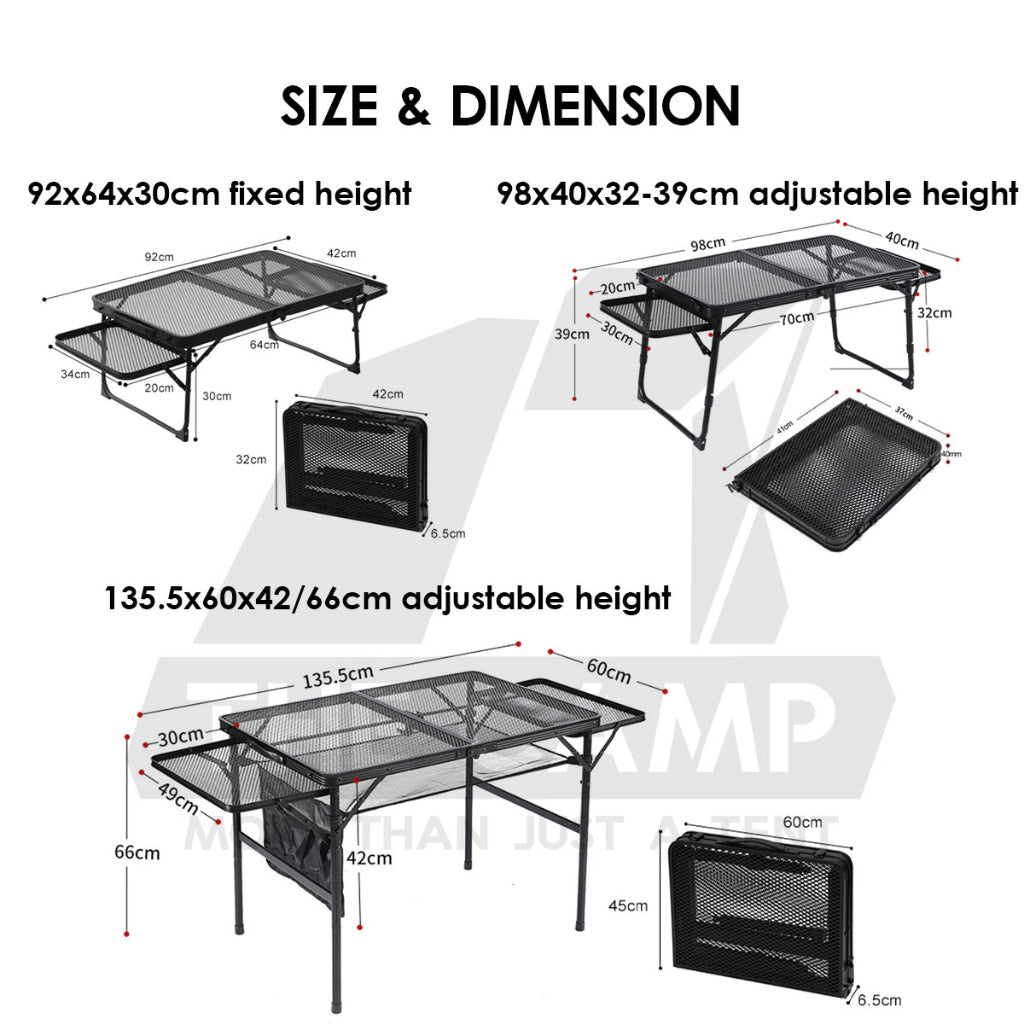 Outdoor Camping Aluminium Mesh Table Foldable Suitcase Size Portable Lightweight Black Iron Mesh Rack
