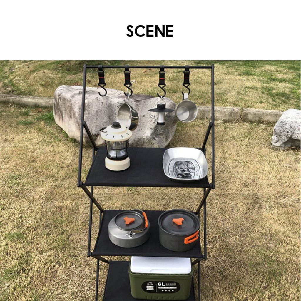 Camping Foldable Rack Basket 2 Layer 3 Layers Shelf Aluminum + Cloth Outdoor Hanger Tripod Stand Tableware Rak Lipat