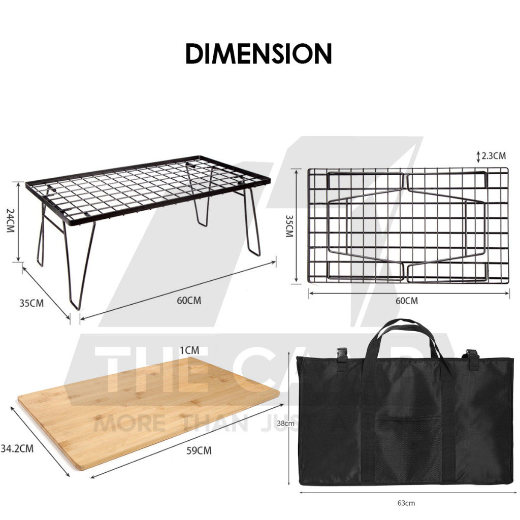 Iron Steel Mesh Camping Rack Table Foldable Portable Stacking Storage Rack Bamboo Wood Top Picnic Outdoor