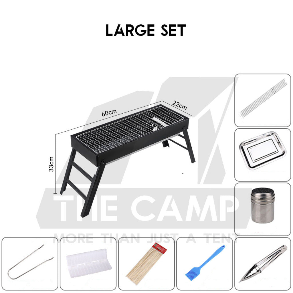 Portable Foldable BBQ Rack Grill Outdoor Camping Charcoal BBQ Stand Black Accessories Brush Skewer Seasoning Bottle