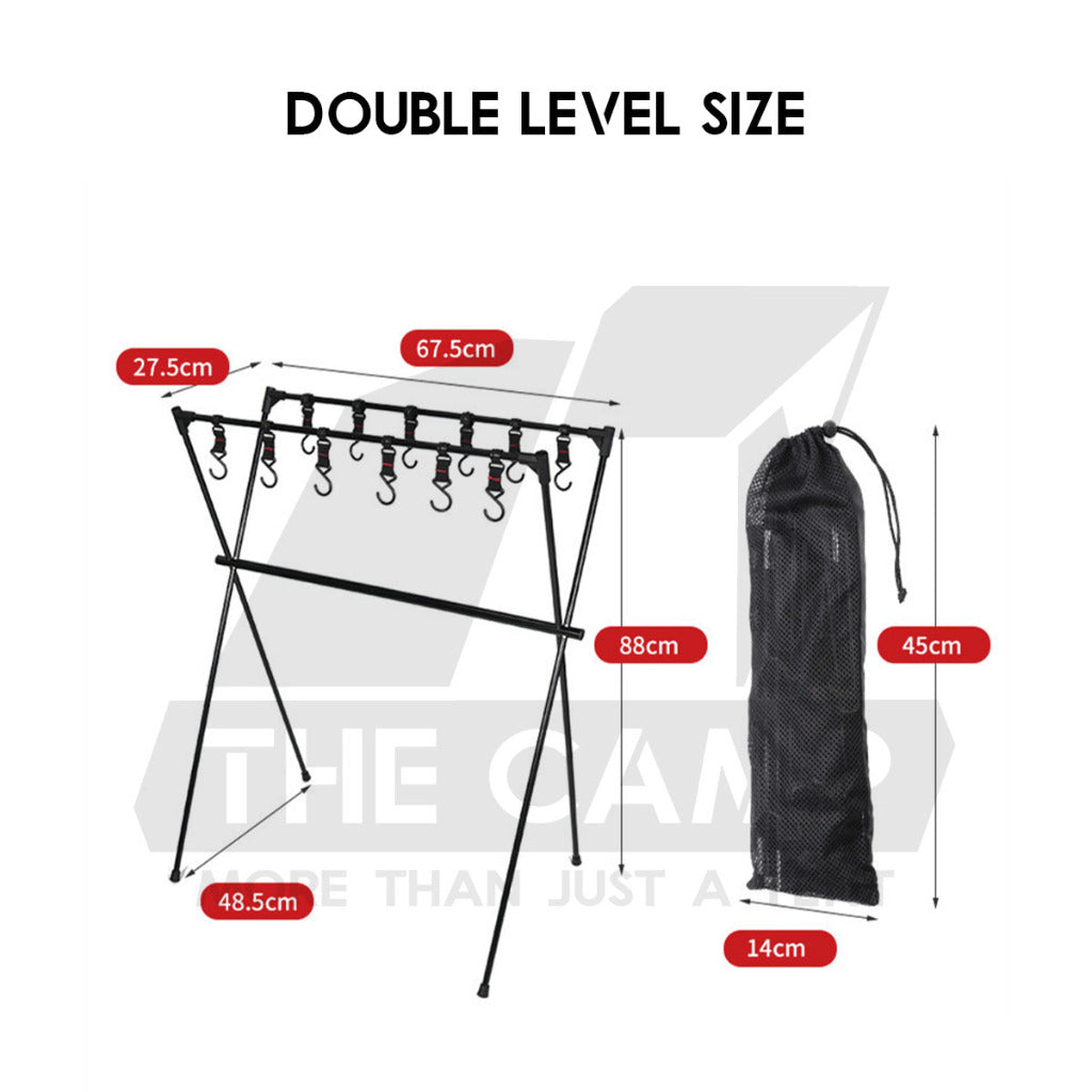 Outdoor Triangle Hanging Rack Aluminum Mesh Camping Hanger Cookware Tripod Shelf Stand Tableware Organizer Double Level