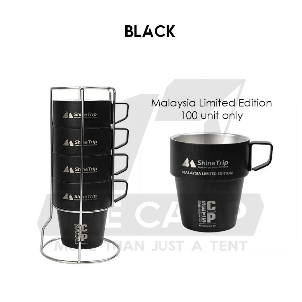 Shinetrip Portable 4PCS Stainless Steel Cup Set 300ml with Holder Rack Camping Cookware Picnic Table Peg Flysheet Black