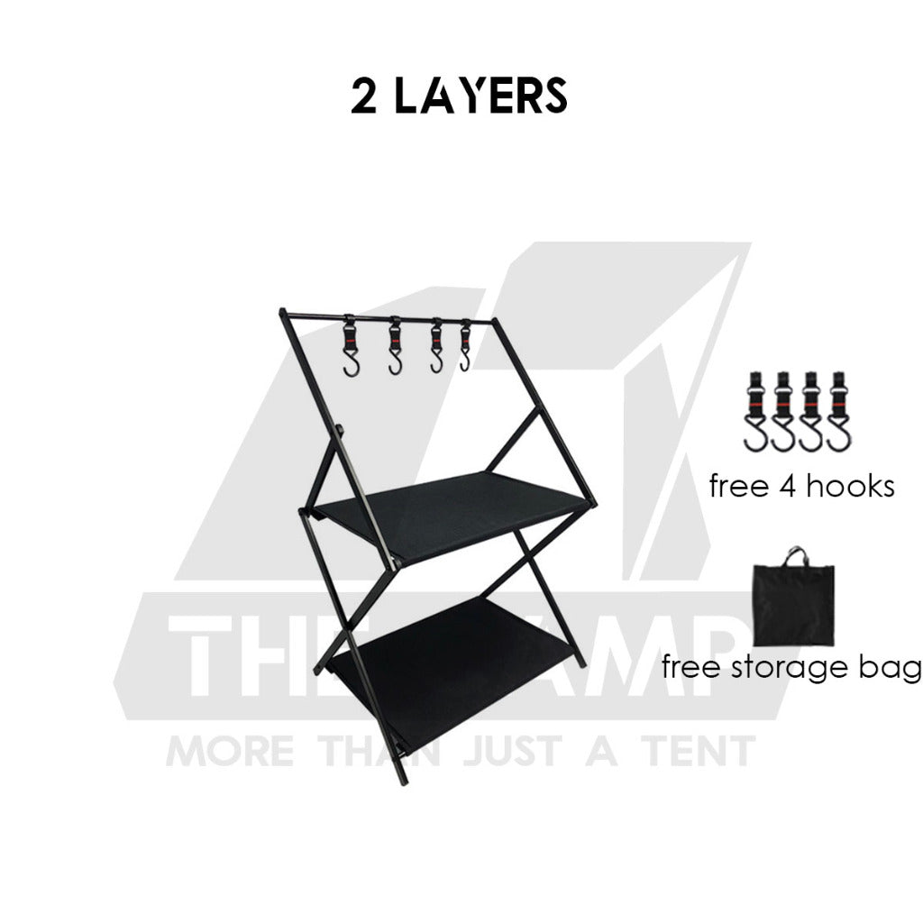 Camping Foldable Rack Basket 2 Layer 3 Layers Shelf Aluminum + Cloth Outdoor Hanger Tripod Stand Tableware Rak Lipat