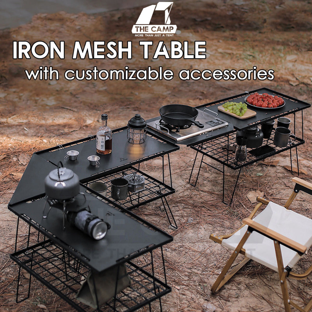 Iron Steel Mesh Camping Rack Table Foldable Portable Stacking Storage Rack Bamboo Wood Top Picnic Outdoor