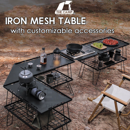 Iron Steel Mesh Camping Rack Table Foldable Portable Stacking Storage Rack Bamboo Wood Top Picnic Outdoor
