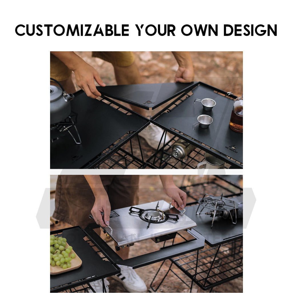 Iron Steel Mesh Camping Rack Table Foldable Portable Stacking Storage Rack Bamboo Wood Top Picnic Outdoor