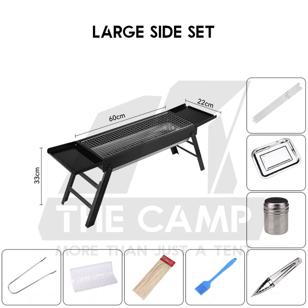 Portable Foldable BBQ Rack Grill Outdoor Camping Charcoal BBQ Stand Black Accessories Brush Skewer Seasoning Bottle