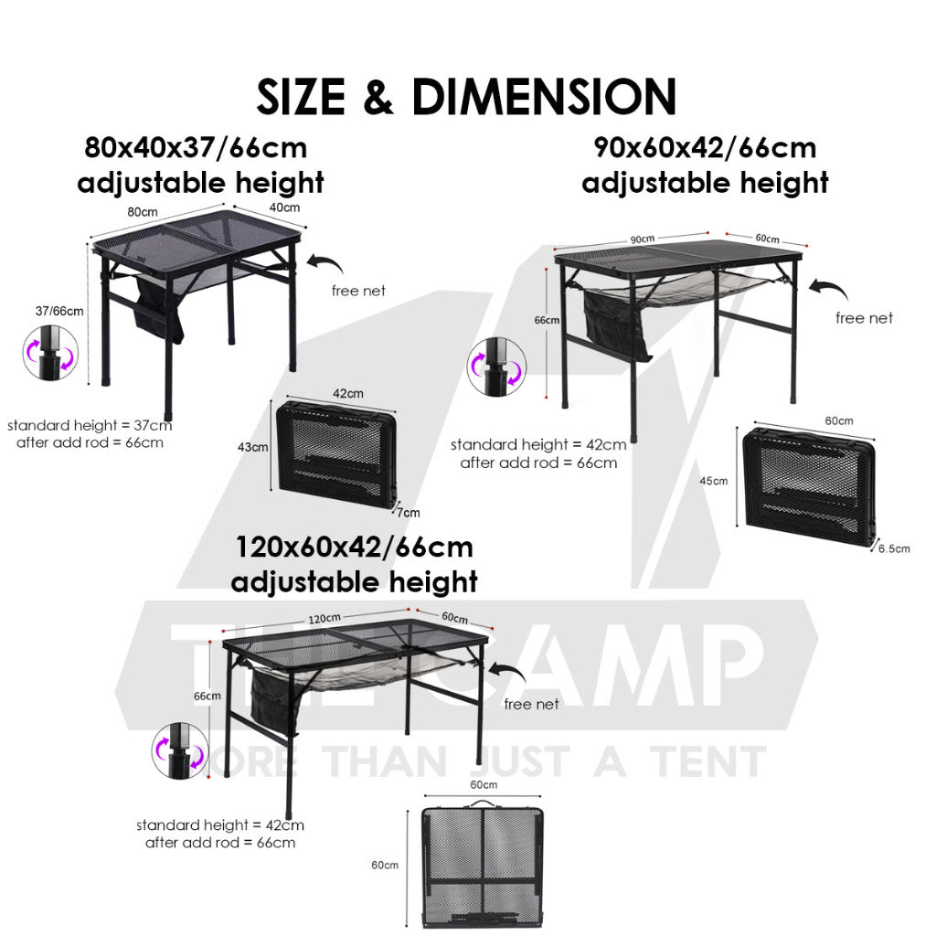 Outdoor Camping Aluminium Mesh Table Foldable Suitcase Size Portable Lightweight Black Iron Mesh Rack