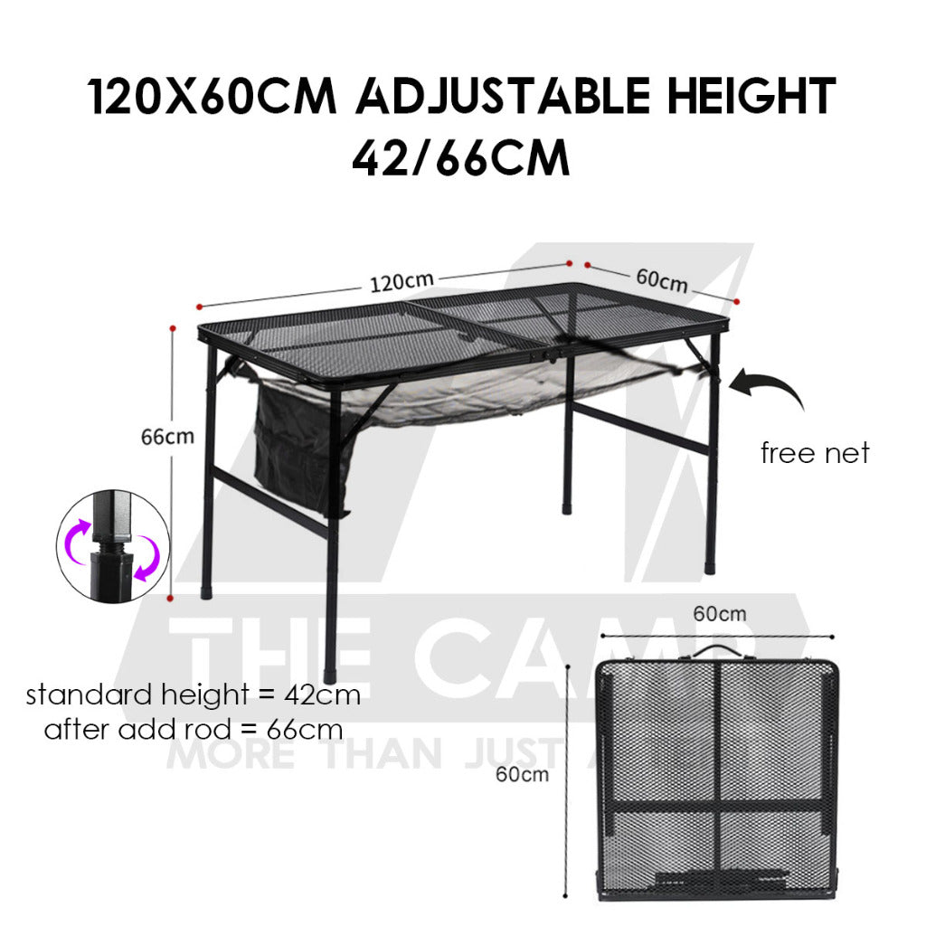 Outdoor Camping Aluminium Mesh Table Foldable Suitcase Size Portable Lightweight Black Iron Mesh Rack