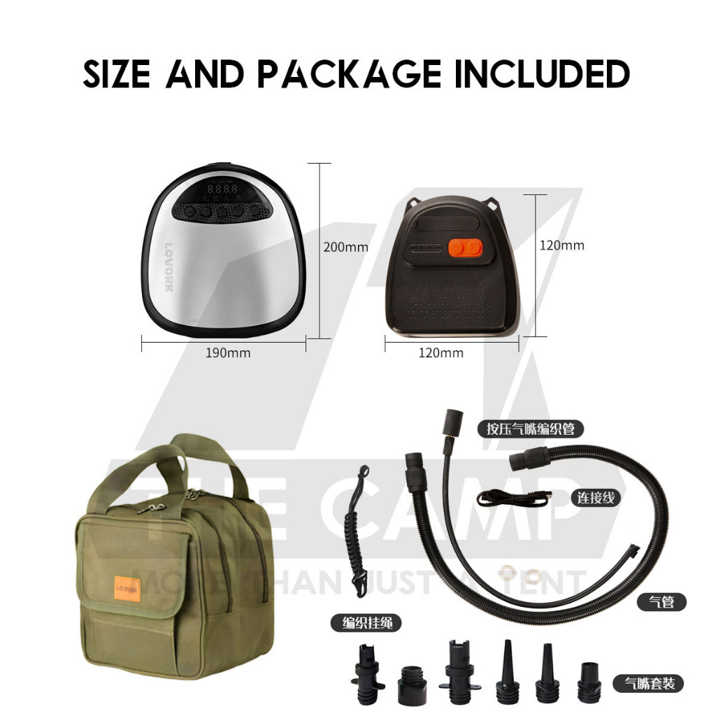 Lovork Air Pump High Pressure High Low Volumn Dual Pump Design Battery Pack Air Tent Bed SUP Boat Swimming Pool Car