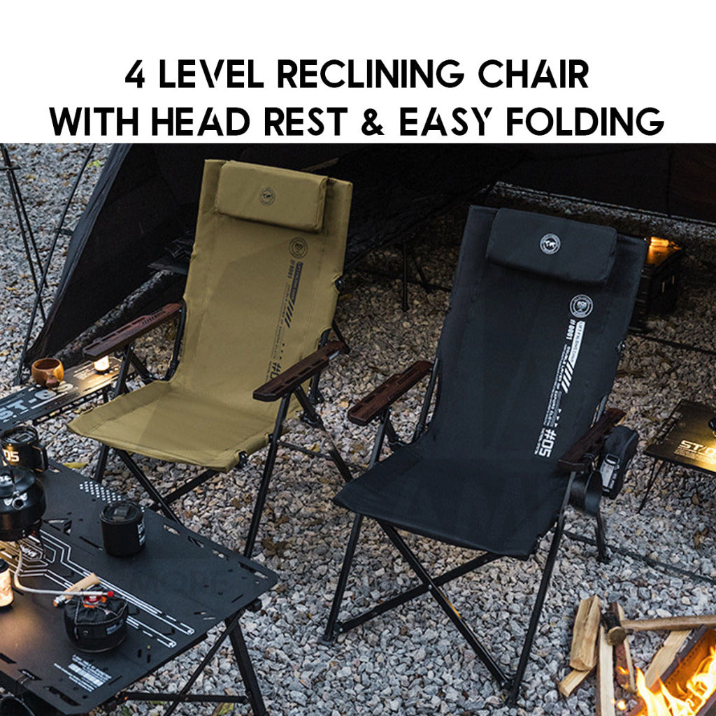 Shinetrip Recliner Chair with Oak Wood Arm Rest 4 Level Reclining Outdoor Camping Beach Picnic High Back Black
