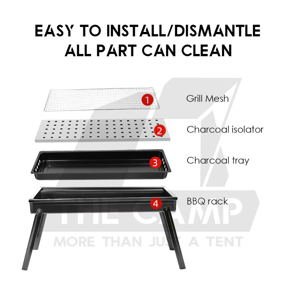 Portable Foldable BBQ Rack Grill Outdoor Camping Charcoal BBQ Stand Black Accessories Brush Skewer Seasoning Bottle