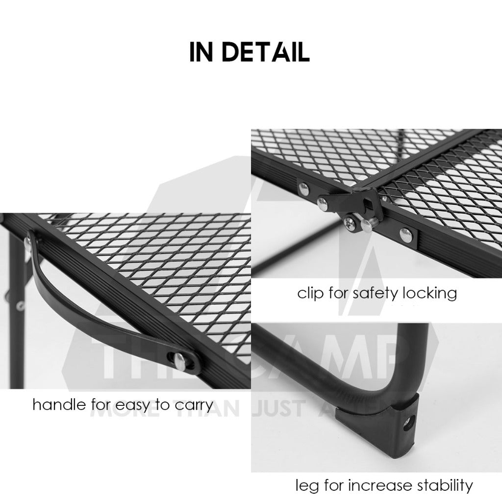 Outdoor Camping Aluminium Mesh Table Foldable Suitcase Size Portable Lightweight Black Iron Mesh Rack