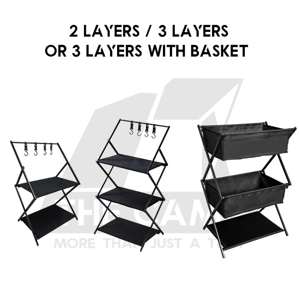 Camping Foldable Rack Basket 2 Layer 3 Layers Shelf Aluminum + Cloth Outdoor Hanger Tripod Stand Tableware Rak Lipat