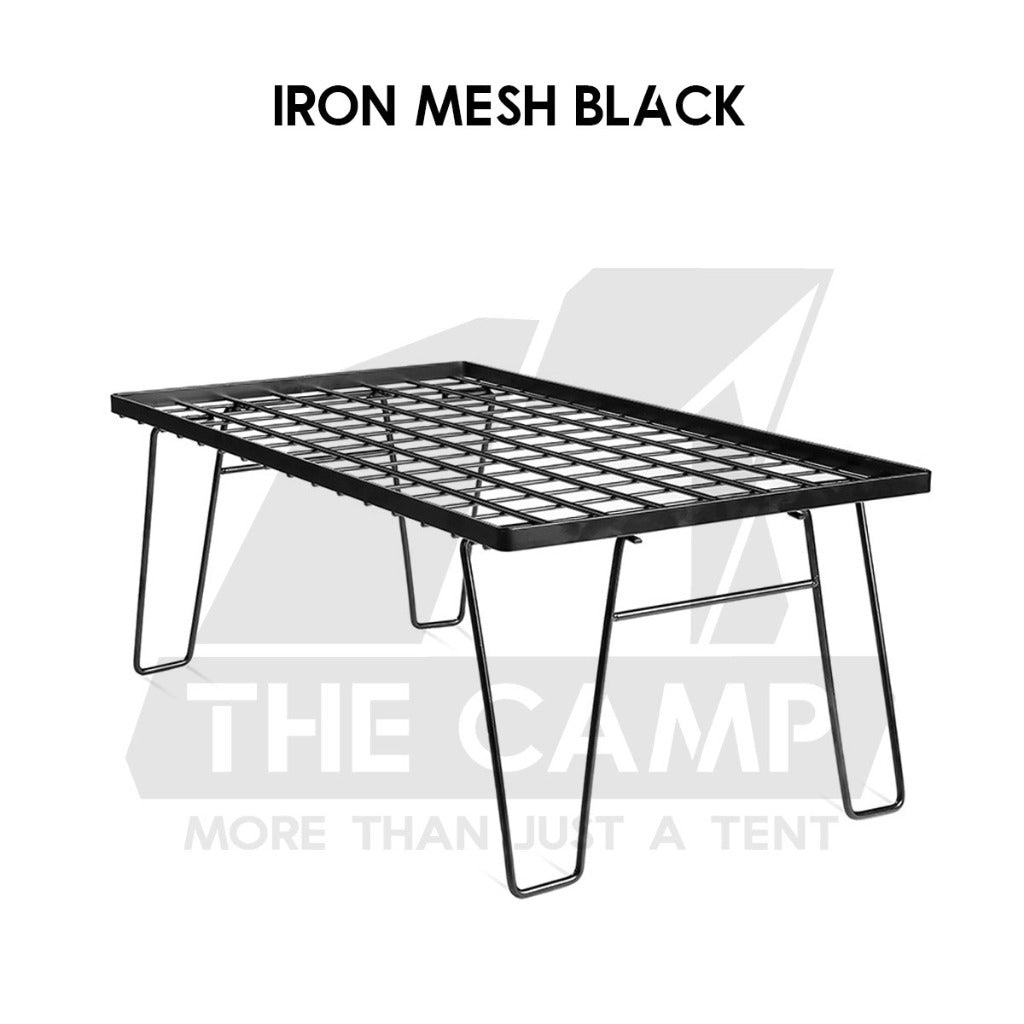 Iron Steel Mesh Camping Rack Table Foldable Portable Stacking Storage Rack Bamboo Wood Top Picnic Outdoor