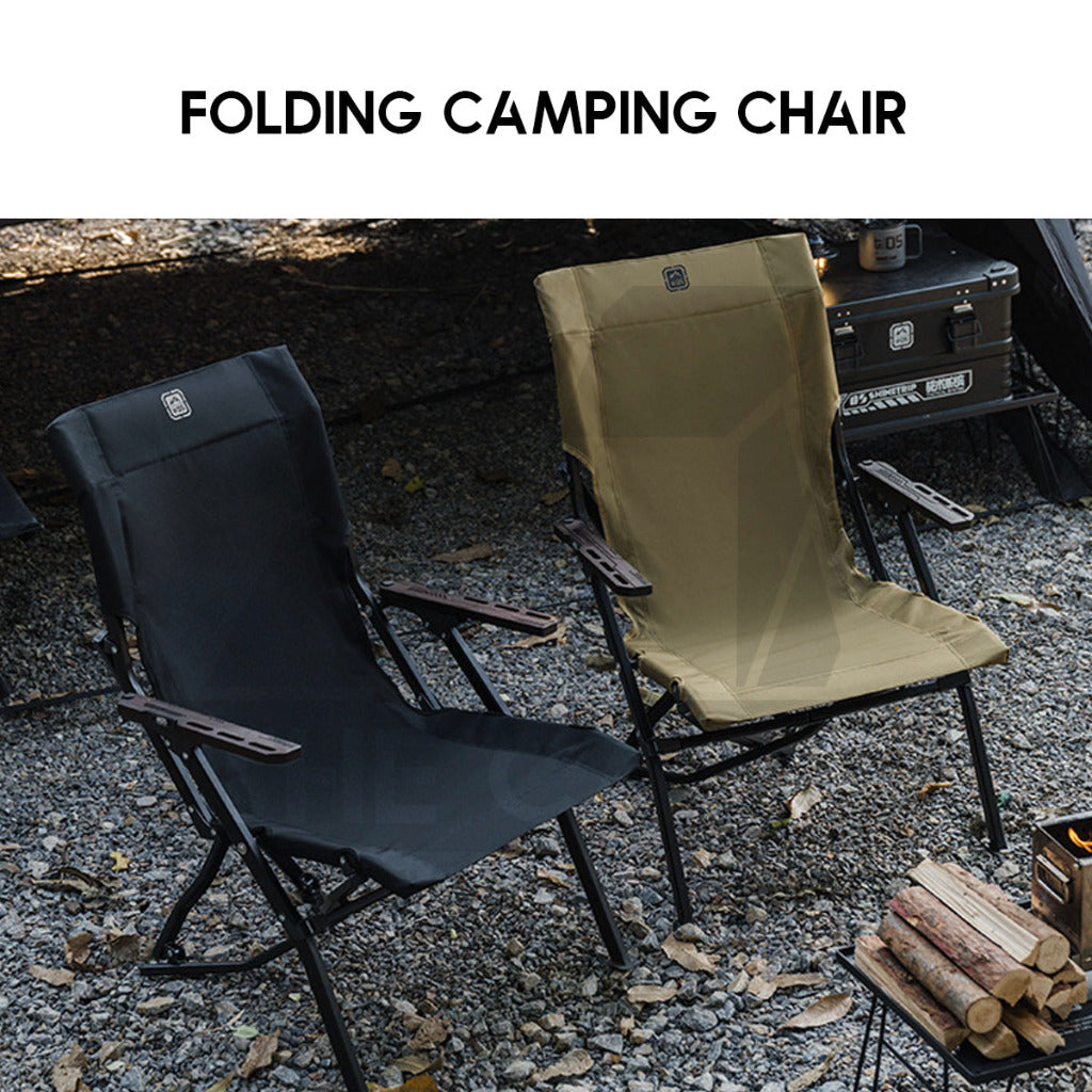 Shinetrip Folding Chair with Oak Wood Armrest Tactical Style Back Support Heavy Duty Outdoor Camping Black Khaki