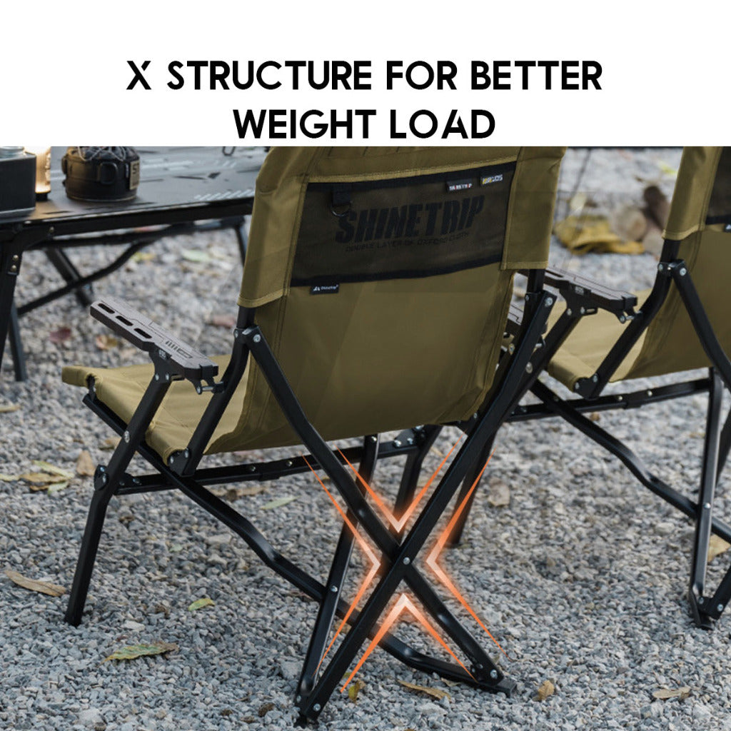 Shinetrip Folding Chair with Oak Wood Armrest Tactical Style Back Support Heavy Duty Outdoor Camping Black Khaki