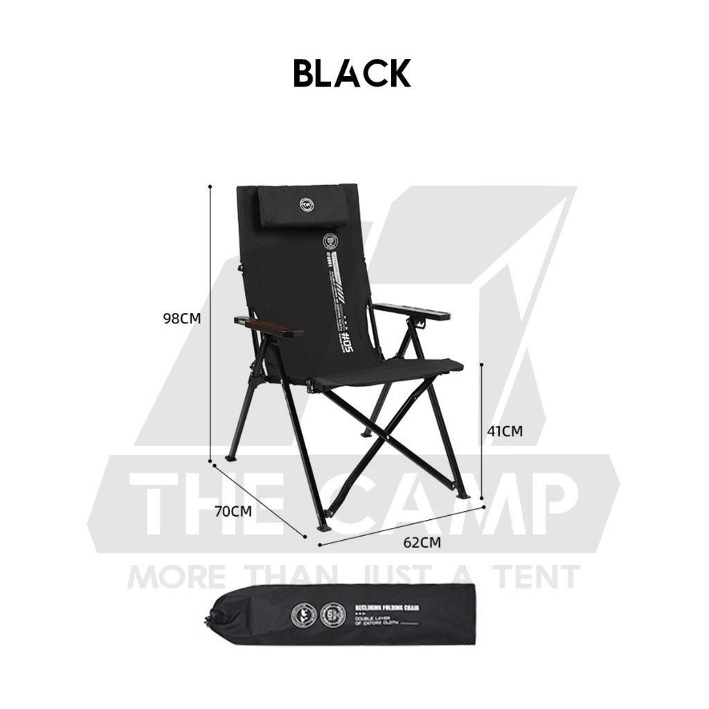 Shinetrip Recliner Chair with Oak Wood Arm Rest 4 Level Reclining Outdoor Camping Beach Picnic High Back Black