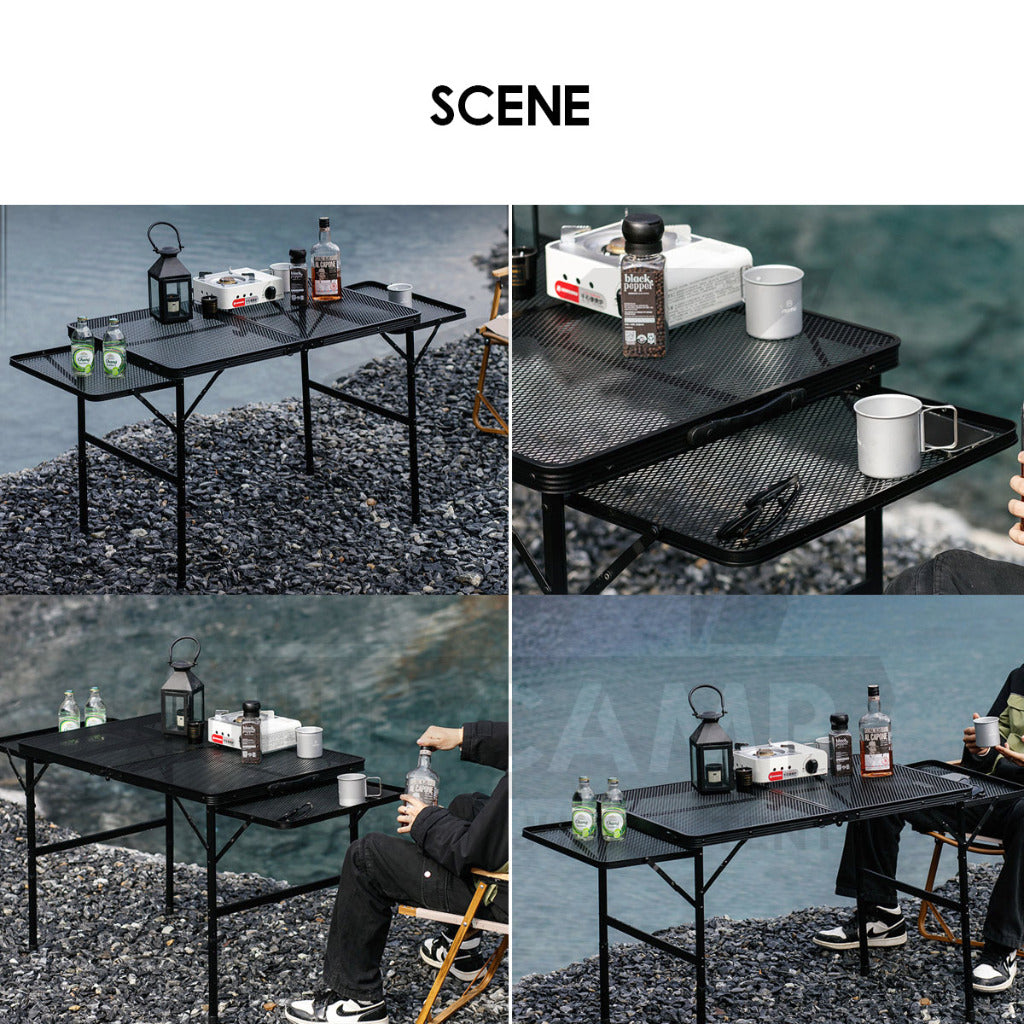 Outdoor Camping Aluminium Mesh Table Foldable Suitcase Size Portable Lightweight Black Iron Mesh Rack